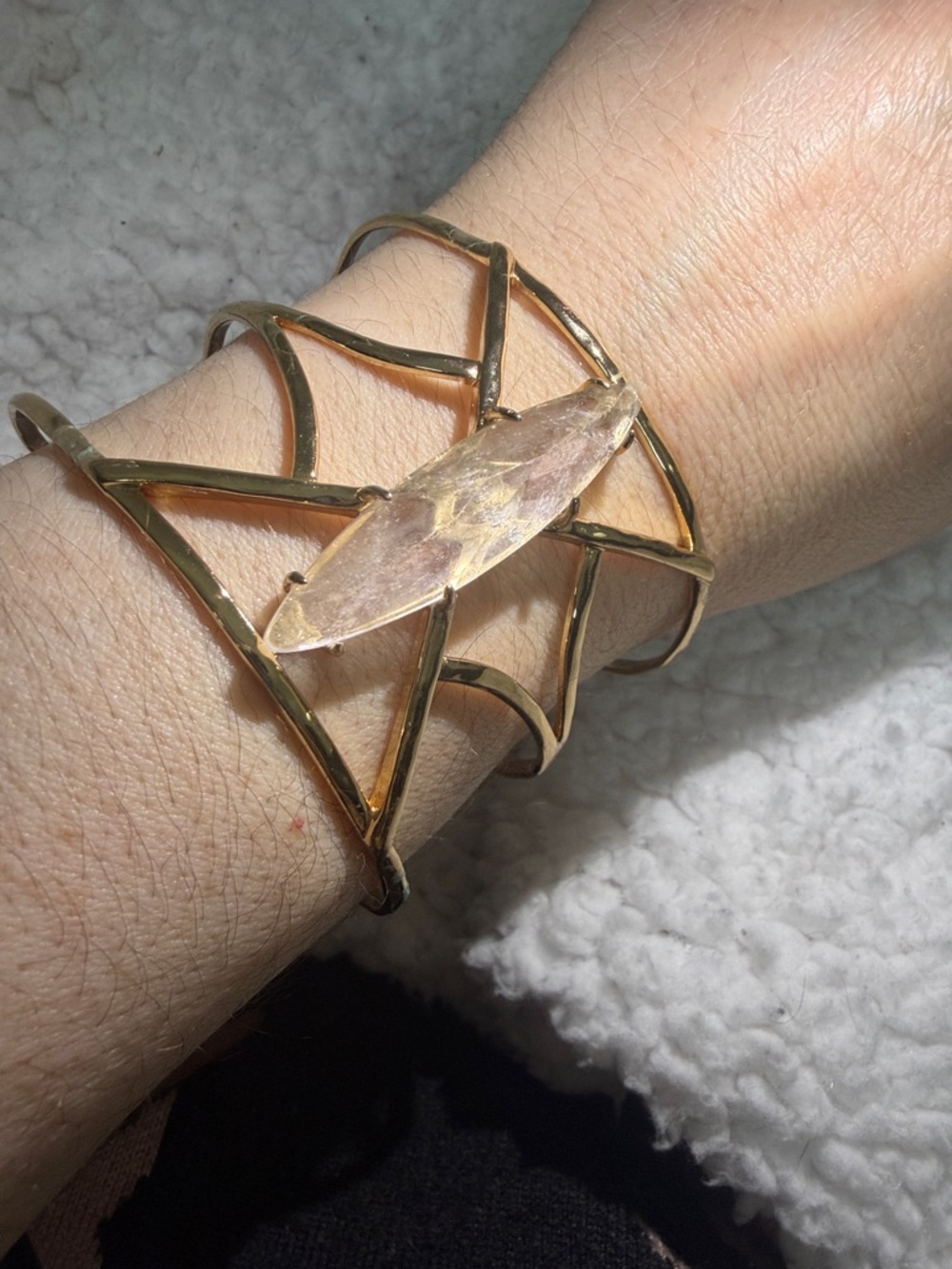 Stella & Dot Shiny Gold Tone Openwork Cuff with Marquise Quartz Inspired Stone